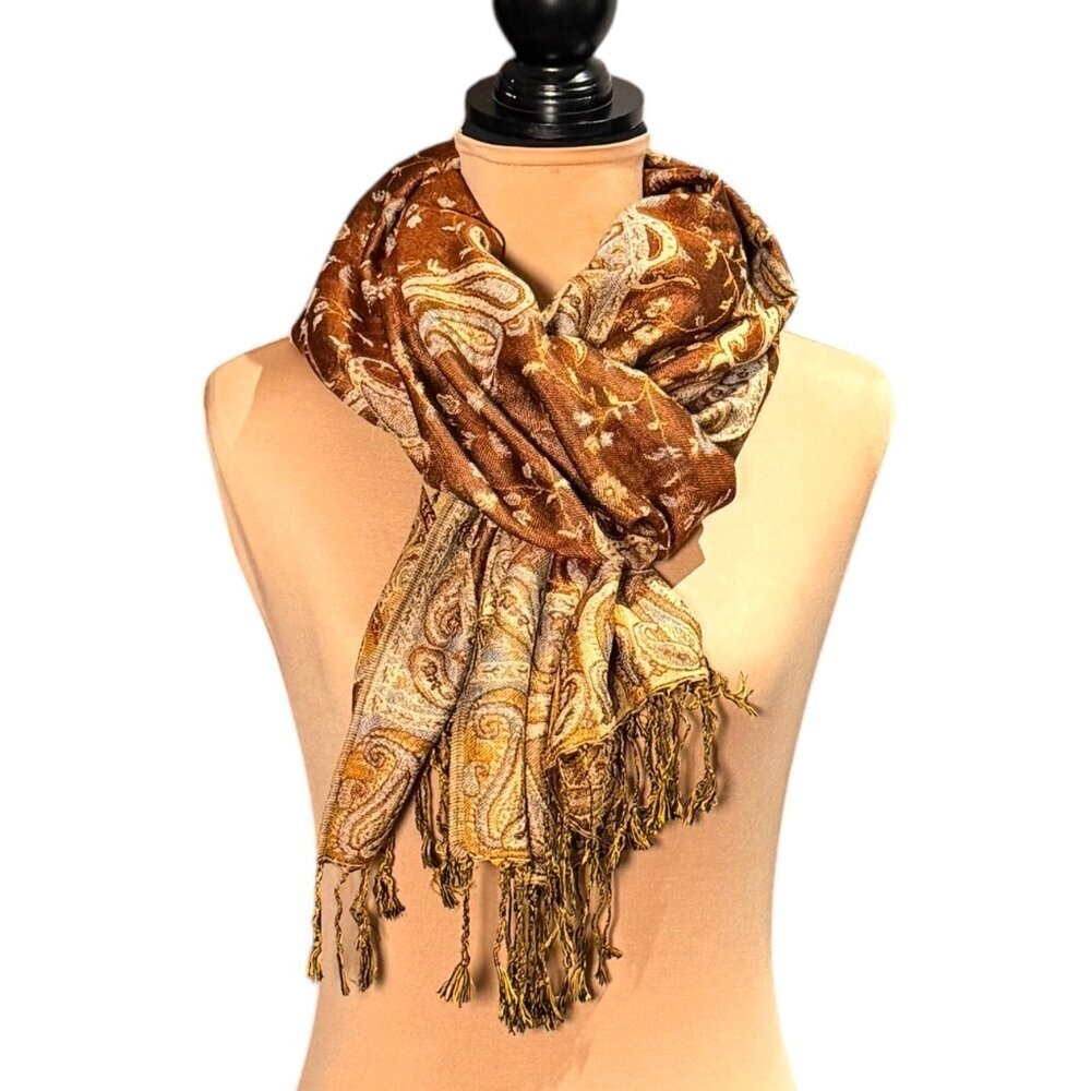 New Large Paisley Scarf Wrap Pashmina Brown Cream Fringe Classic - Picture 4 of 9